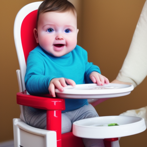 An image of a baby sitting in a high chair, with a spoon in one hand and a piece of food in the other, looking slightly concerned. This image illustrates the potential risks associated with Baby Led Weaning, such as choking or food