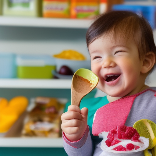 A close-up image of a smiling baby with a spoon in their hand, surrounded by a variety of healthy foods. The image conveys the message that baby-led weaning is a fun and enjoyable experience for both infants and parents.