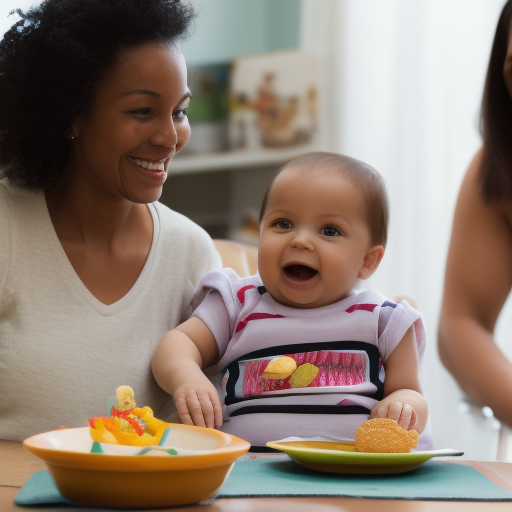 An image of a smiling mother and baby sitting together at a table, with the baby holding a piece of food in their hand. The mother is looking on with a supportive and encouraging expression.