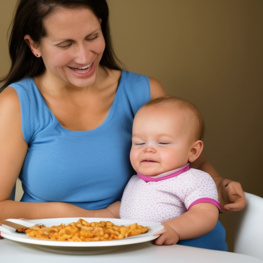 An image of a happy mother breastfeeding her baby while the baby is reaching for a piece of food on a plate. The image conveys the message that breastfeeding and baby led weaning can be combined together.