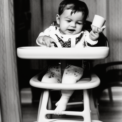 An image of a baby sitting in a highchair with a bowl of food in front of them, looking confused and overwhelmed. The caption reads "Avoid Overfeeding - Start Small".