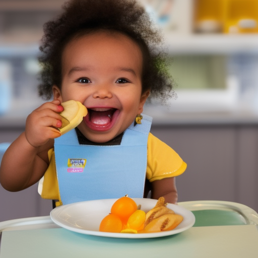 An image of a happy baby sitting in a high chair, wearing a bib and holding a piece of ripe banana in their hand. The baby is looking up at the camera with a big smile, showing off their first experience with solid food