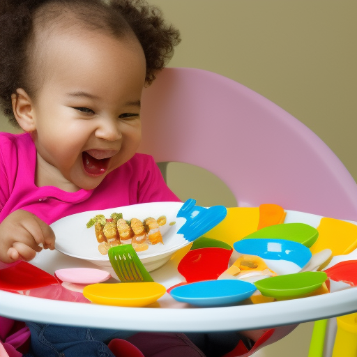 An image of a smiling baby sitting in a high chair with a plate of colorful, bite-sized pieces of food in front of them. The baby is happily reaching for a piece of food with their hands, demonstrating the joy of self-