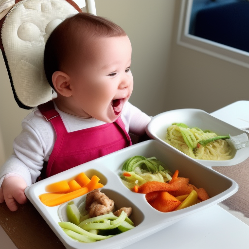 An image of a happy baby sitting in a high chair, wearing a bib and eating a healthy meal of steamed vegetables and shredded chicken with their hands.