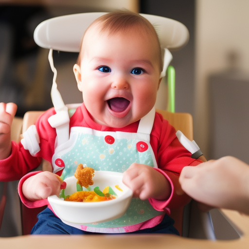 An image of a baby sitting in a high chair, holding a piece of food in their hands, with a happy expression on their face. The caption could read: "Ready for Baby Led Weaning? Look for signs your baby is ready