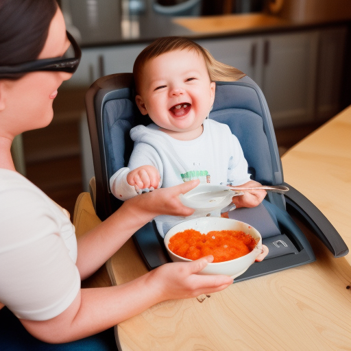 A photo of a smiling baby sitting in a high chair with a bowl of mashed vegetables in front of them, a spoon in their hand, and a parent standing behind them, ready to help.