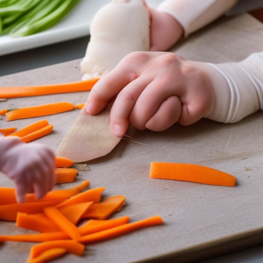 An image of a parent cutting a cooked carrot into thin strips, with a baby watching and reaching out for the pieces. The parent is wearing a protective glove and using a cutting board.