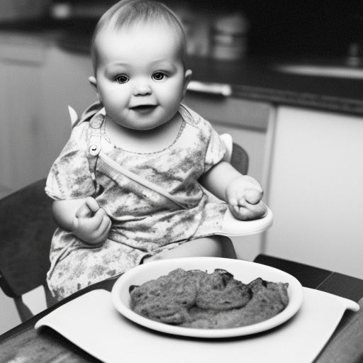 An image of a baby sitting in a high chair with a bowl of food in front of them, looking eager and ready to eat. The baby is wearing a bib and is holding a spoon in their hand.