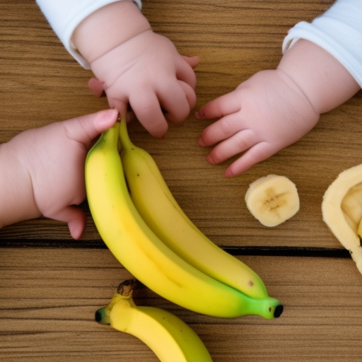 A close-up image of a baby's hands holding a piece of ripe banana, with a few pieces of banana on the highchair tray. The baby has a look of concentration and determination on their face.