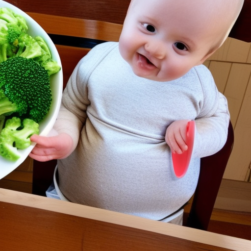 An image of a happy baby sitting in a high chair, reaching out to grab a piece of steamed broccoli from a plate. The baby is wearing a bib and is surrounded by other healthy finger foods such as slices of avocado, banana