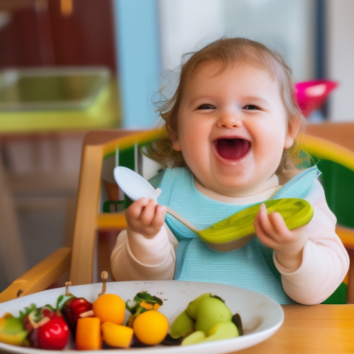 An image of a happy baby sitting in a high chair with a plate of colorful, bite-sized fruits and vegetables in front of them, with a spoon and fork nearby.