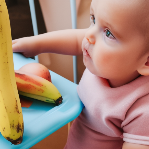 The image shows a baby sitting in a high chair, holding a piece of ripe banana in their hand. The baby has a look of concentration on their face as they explore the texture and taste of the fruit. The image conveys the idea