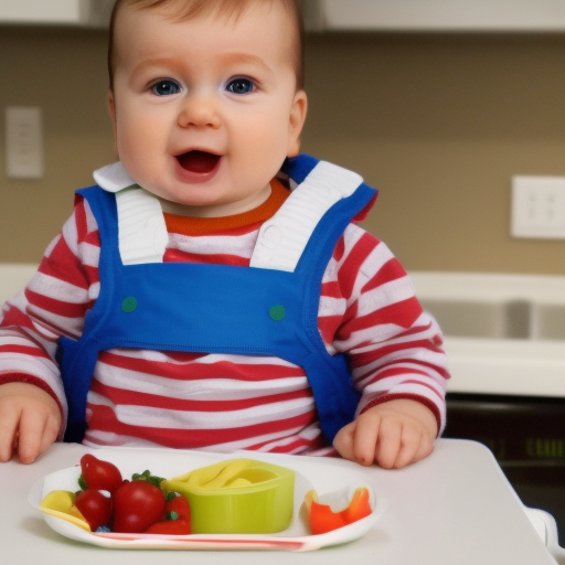 An image of a baby sitting in a high chair, wearing a bib, and holding a piece of soft, bite-sized food in their hand. The background is a kitchen with safety items such as a first aid kit and fire extingu