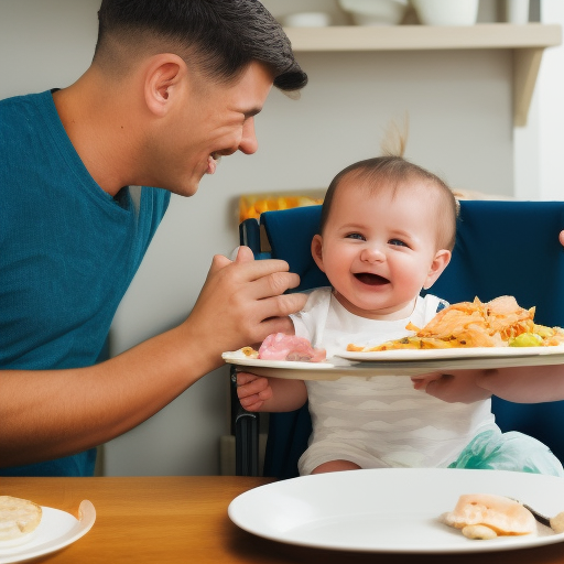 An image of a smiling baby sitting in a high chair with a plate of food in front of them, with a parent standing nearby with a supportive hand on their shoulder. The image conveys the idea of a supportive family environment and the joy