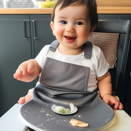 An image of a baby sitting in a high chair, wearing a bib and smeared in food from head to toe, with a look of satisfaction on their face.