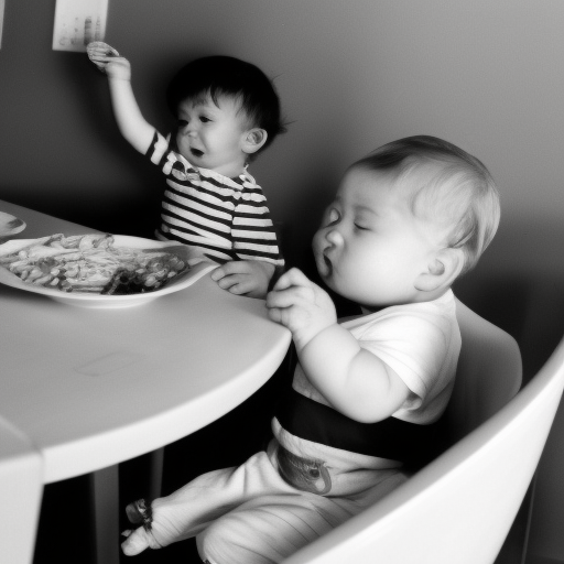 An image of a baby in a highchair, happily reaching out to grab a piece of food with a spoon in their other hand. The caption reads: "Encouraging your baby to self-feed is a great way to develop their