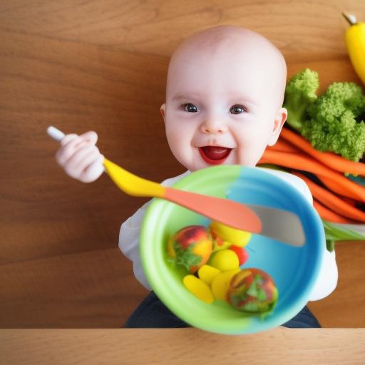 An image of a smiling baby sitting in a high chair with a spoon in hand, surrounded by a variety of colorful, healthy foods.