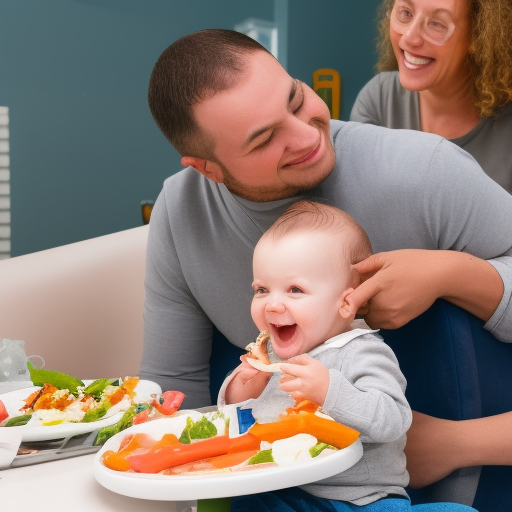 An image of a happy baby sitting in a high chair, with a plate of food in front of them and a parent standing nearby with a spoon. The parent is smiling and encouraging the baby to try the food.