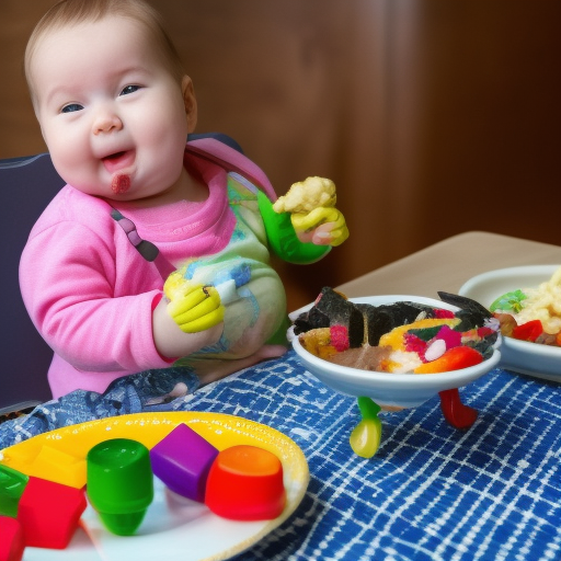 An image of a happy baby sitting in a highchair, with a plate of colorful, bite-sized pieces of food in front of them. The baby is reaching out to grab a piece of food with their hands. The image conveys