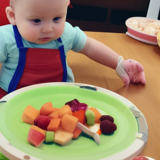 A photo of a baby sitting in a highchair with a plate of cut-up fruits and vegetables in front of them. The baby is reaching out to grab a piece of food, demonstrating the concept of Baby Led Weaning.