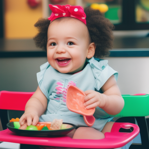 An image of a smiling baby sitting in a high chair, surrounded by a variety of colorful and healthy food options. The baby is happily exploring the food with their hands and mouth.