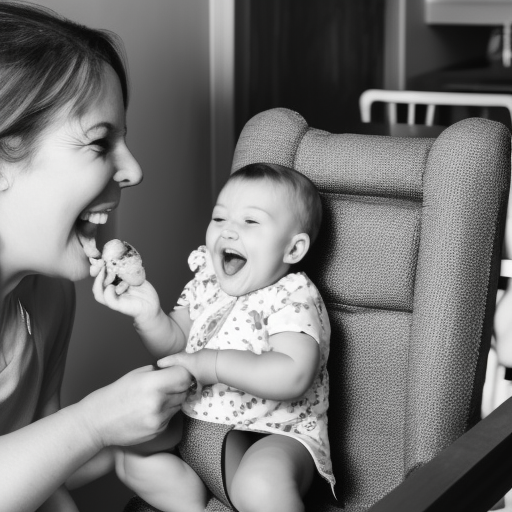 An image of a happy baby sitting in a high chair, holding a piece of ripe banana in their hand, with a satisfied smile on their face. The image conveys the joy and satisfaction that babies experience when they are able to feed themselves