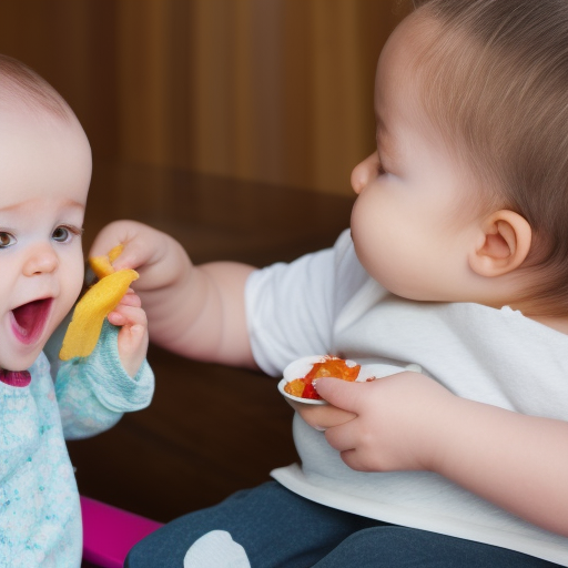 An image of a baby sitting in a high chair, holding a piece of food in their hand and looking up at their parent with a smile. The image conveys the joy and independence that baby led weaning can bring to a family.